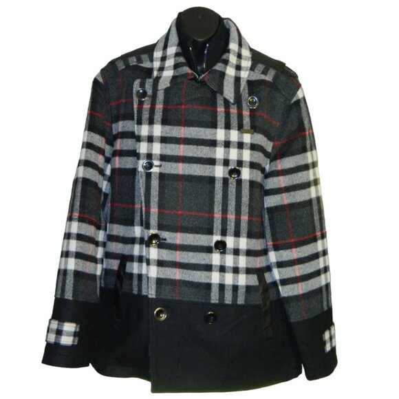 Sean John Designer Wool Hip Hop Plaid and Pleather Winter Peacoat Size Large - Picture 1 of 16